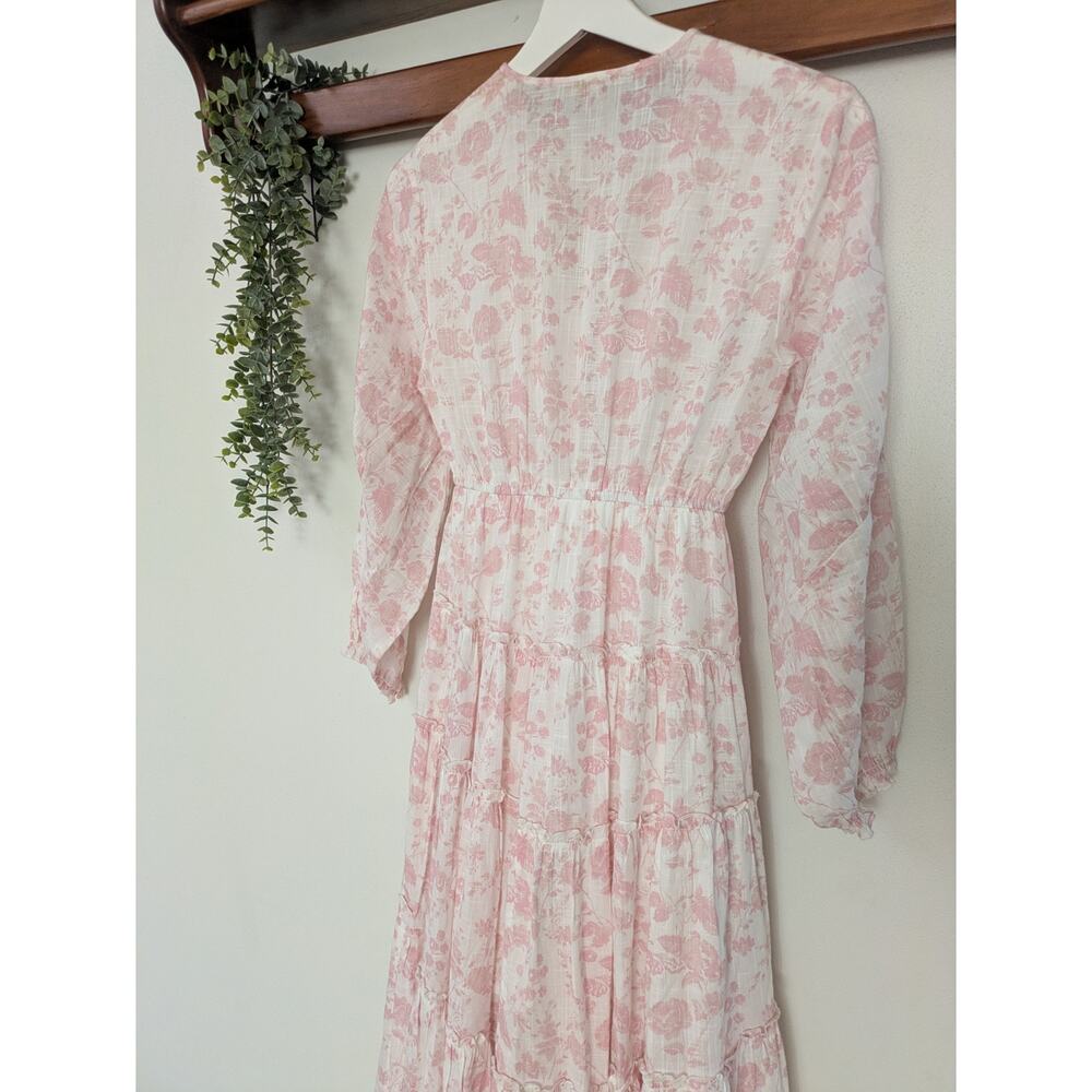 Free People Pappiet Midi Pink White Floral Boho VNeck Tiered Long Sleeve Dress - Picture 7 of 9